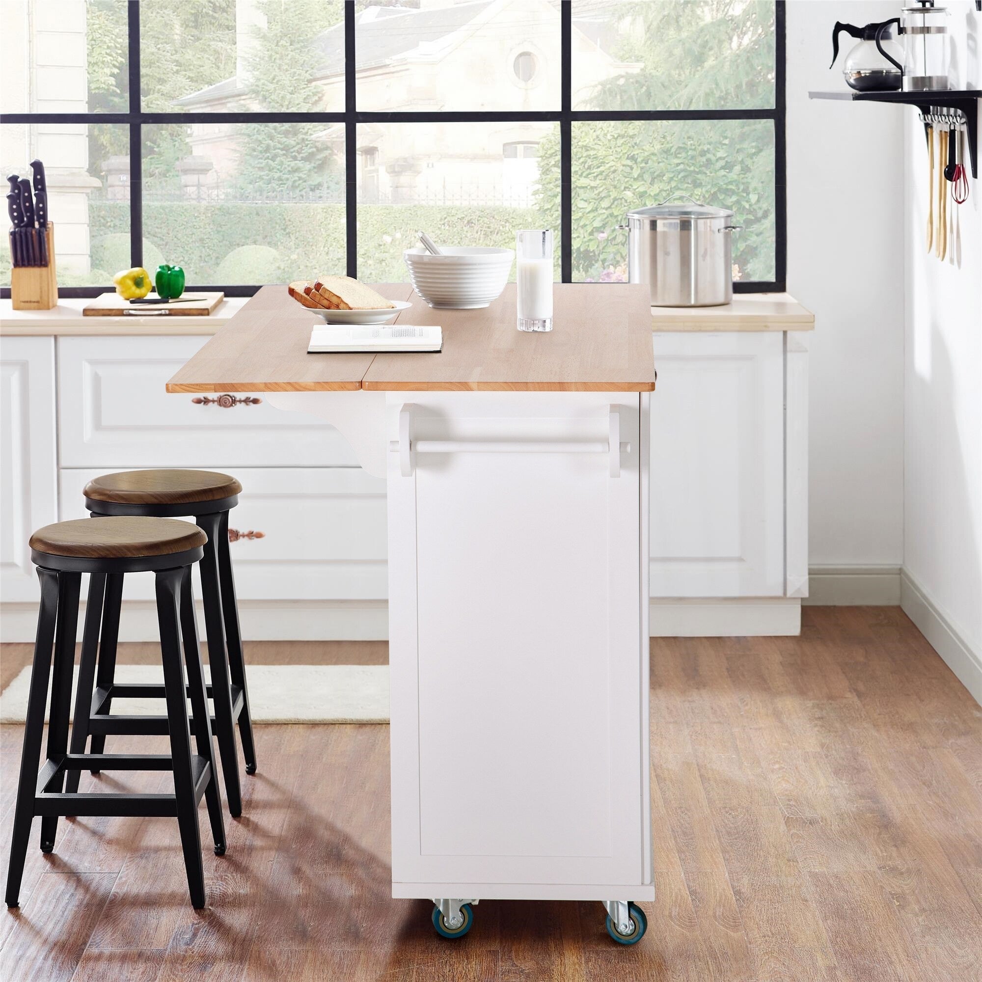 Sophia & William Kitchen Island Cart with Drop-Leaf and Rubber Wood Top, Rolling Kitchen Trolley Cart with Large Storage Cabinet