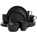 Stoneware Dinnerware 16 Piece Set in Black with Gold Rim