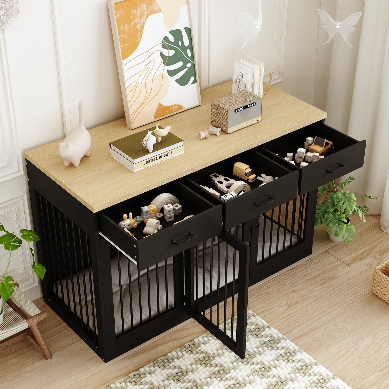 Stylish Wooden Dog Crate Furniture with Storage, 3 Drawers