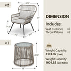 3 Piece Outdoor Wicker Conversation Bistro Set, All-Weather Rattan Furniture Patio Chairs Set with Cushions