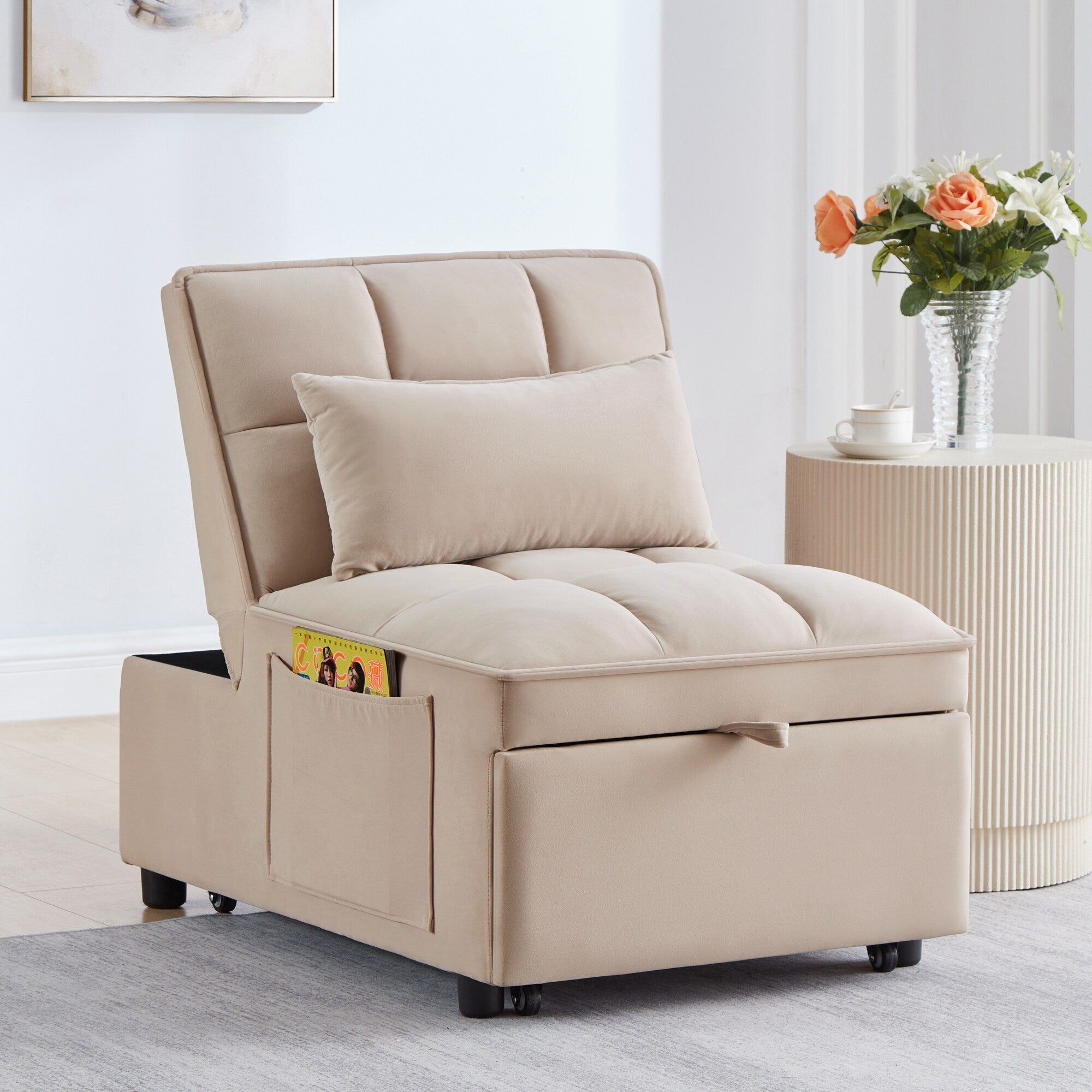 Taupe 68.5 Velvet Single Folding Sofa Bed with Adjustable Backrest and Pillows for Living Room