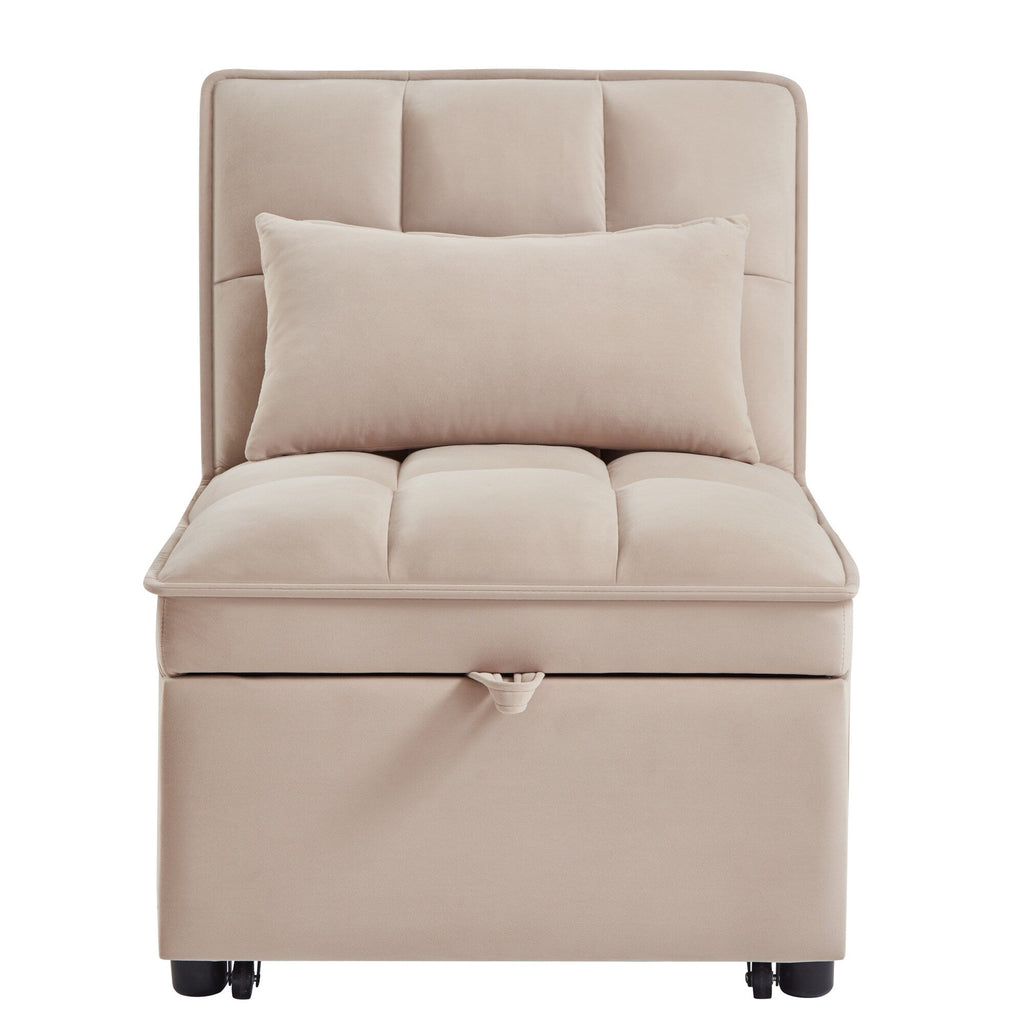 Taupe 68.5 Velvet Single Folding Sofa Bed with Adjustable Backrest and Pillows for Living Room