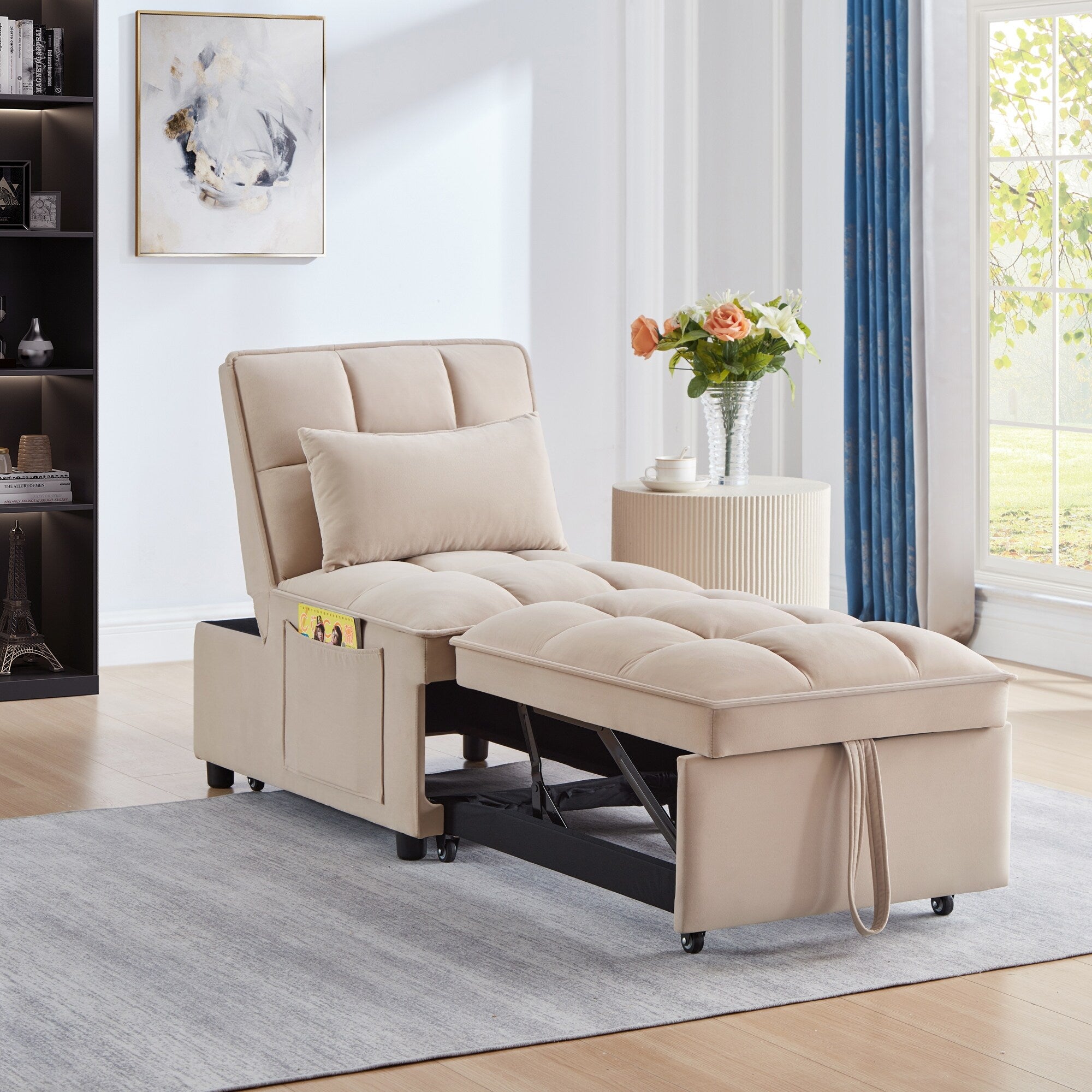 Taupe 68.5 Velvet Single Folding Sofa Bed with Adjustable Backrest and Pillows for Living Room