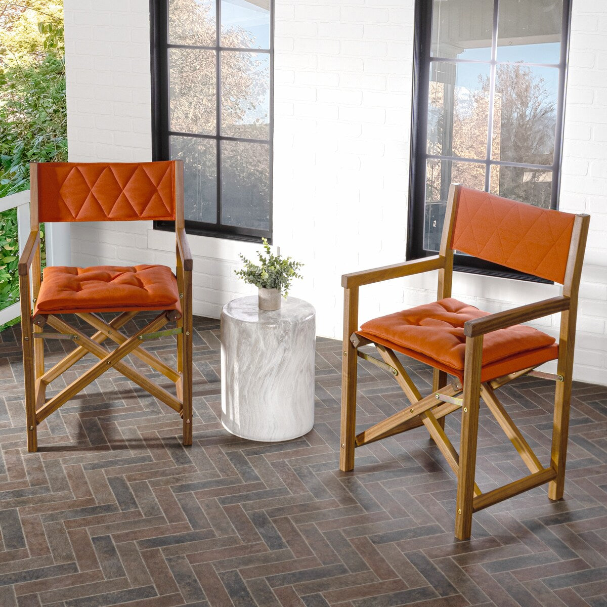 Theo Classic Mid-Century Outdoor Acacia Wood Foldable Diamond-Quilted Back Director Chair with Cushion, (Set of 2) by JONATHAN Y