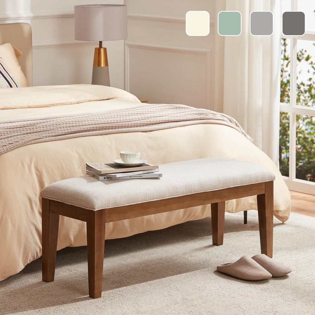 Upholstered Fabric Entryway Bench, Bedroom Bench for End of Bed Beige, Solid Wood 44-inch