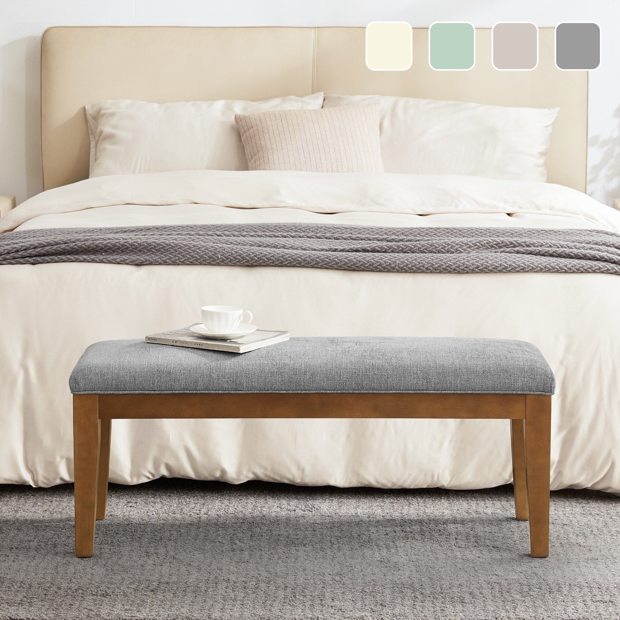 Upholstered Fabric Entryway Bench, Bedroom Bench for End of Bed Beige, Solid Wood 44-inch