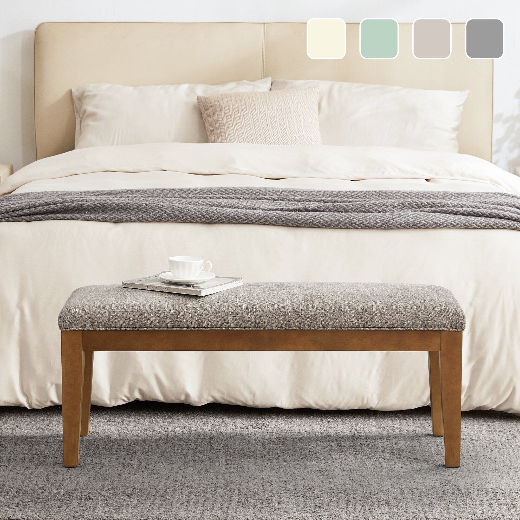 Upholstered Fabric Entryway Bench, Bedroom Bench for End of Bed Beige, Solid Wood 44-inch