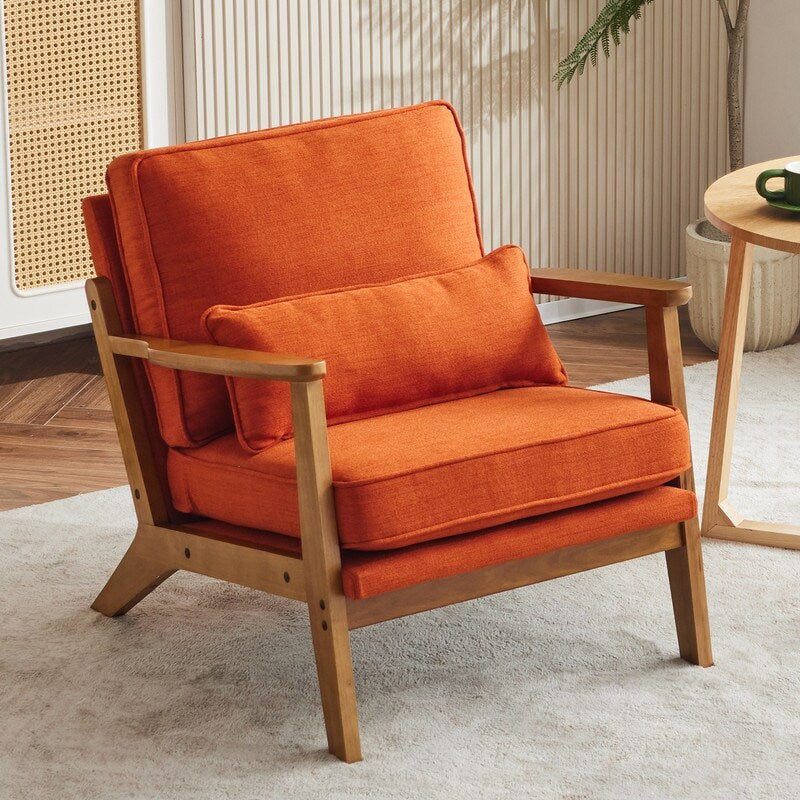 Upholstered Linen Blend Accent Chair with Wooden Legs and One Pillow Beige