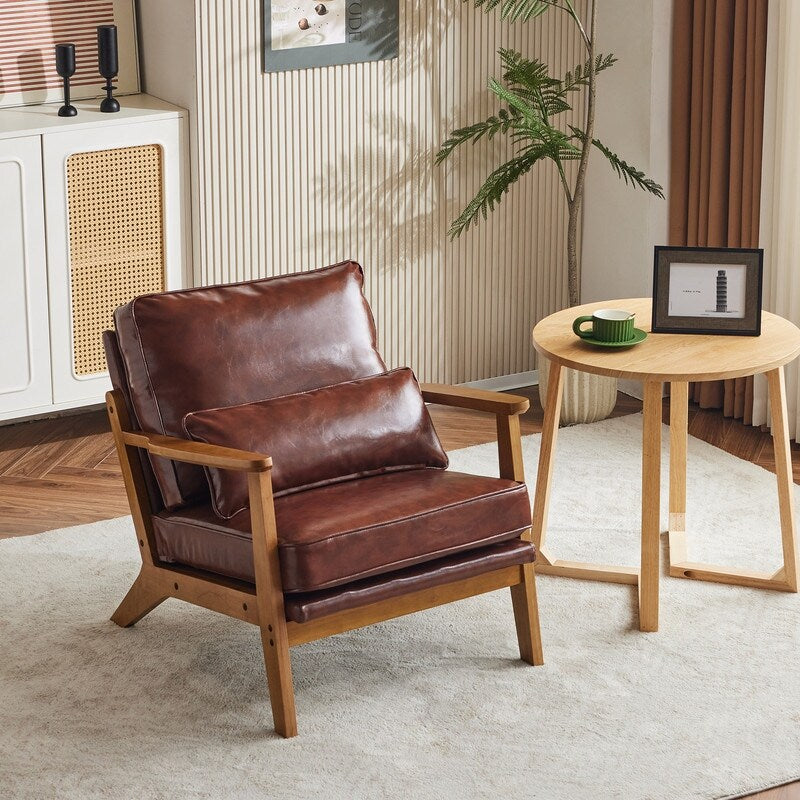 Upholstered Linen Blend Accent Chair with Wooden Legs and One Pillow Beige