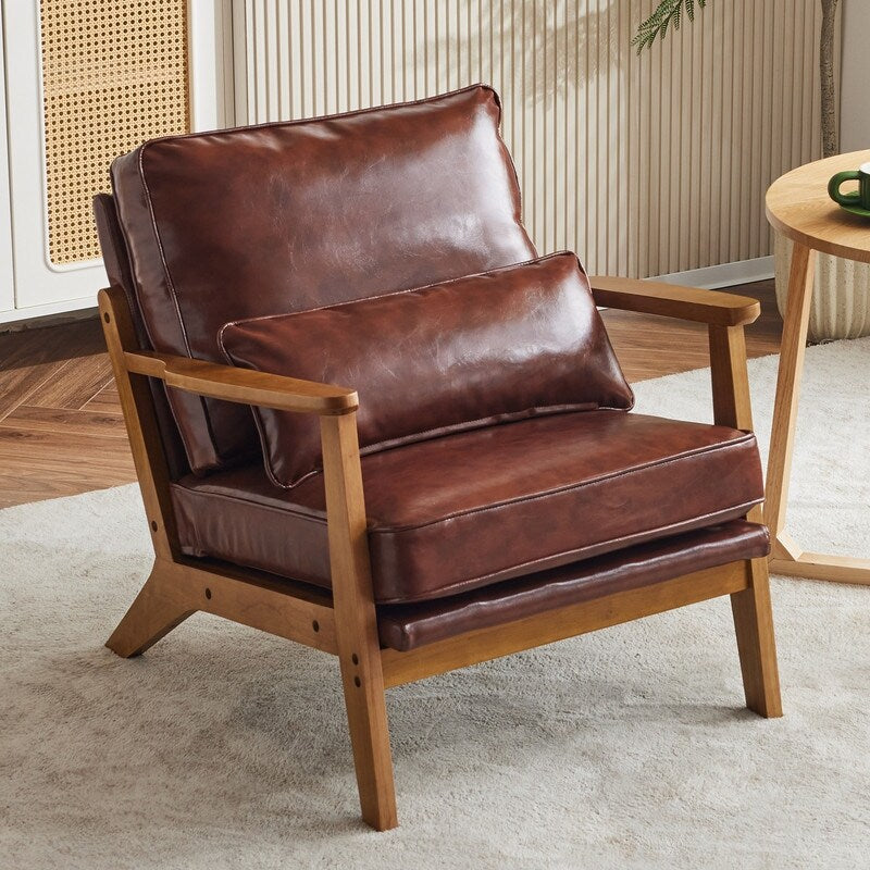 Upholstered Linen Blend Accent Chair with Wooden Legs and One Pillow Beige