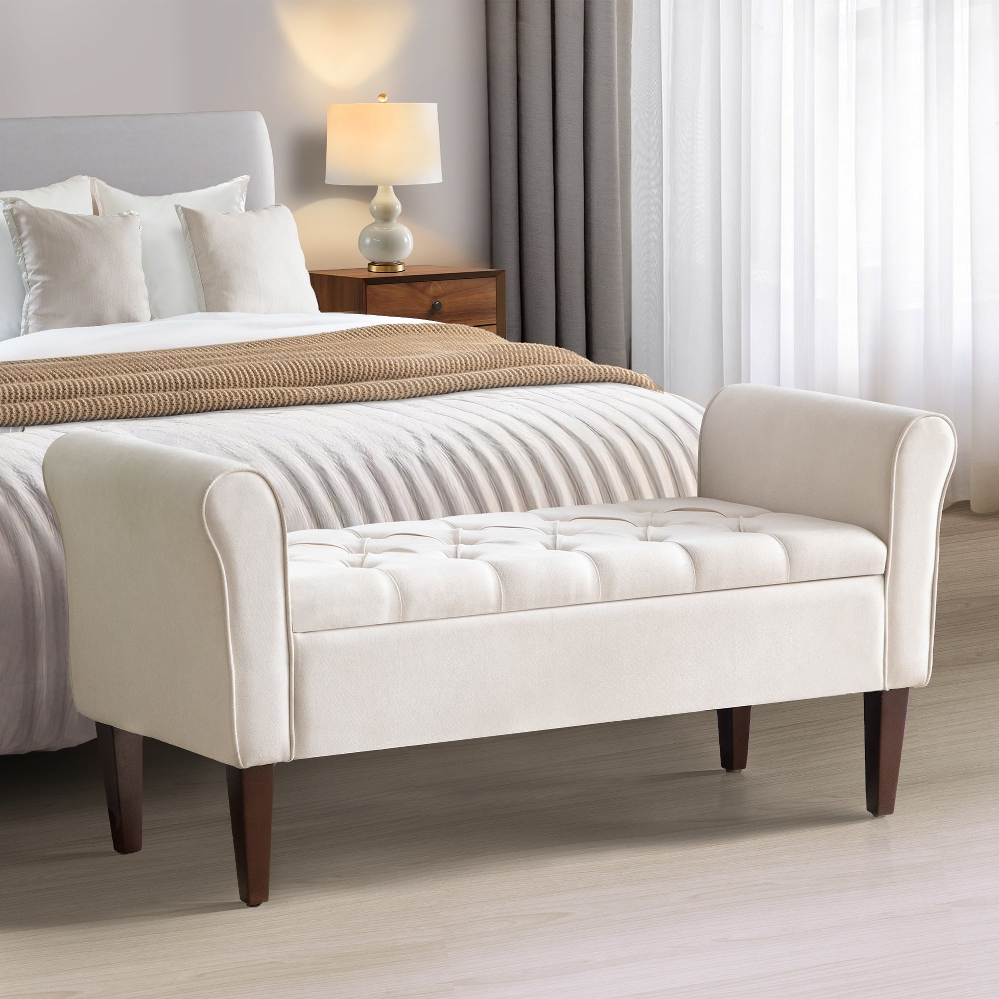 Upholstered Storage Bench Arm Bench Entryway Bench with Tufted Flip Top 50.4 Inches