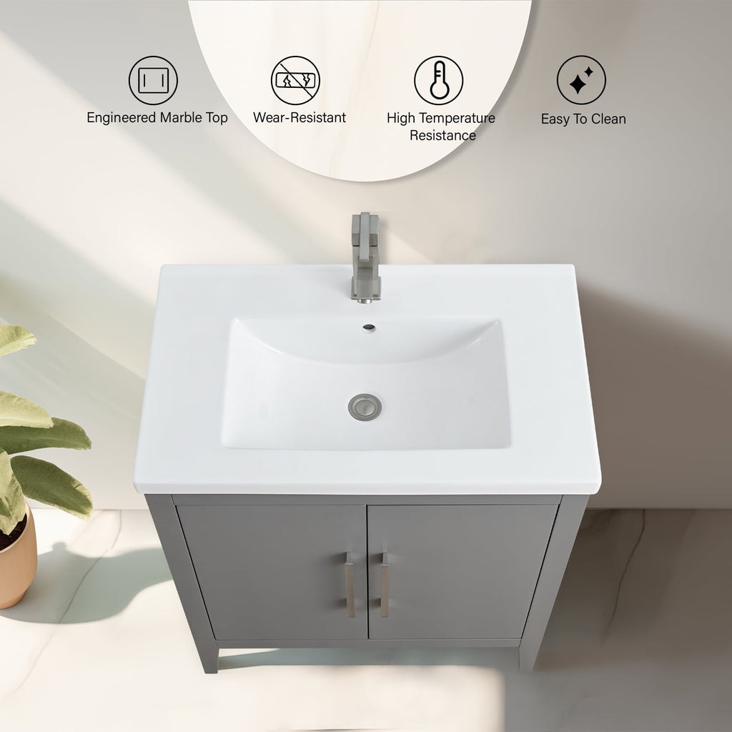 Vanity Art 20 or 24 or 30 Single Sink Bathroom Vanity Cabinet with Ceramic Top