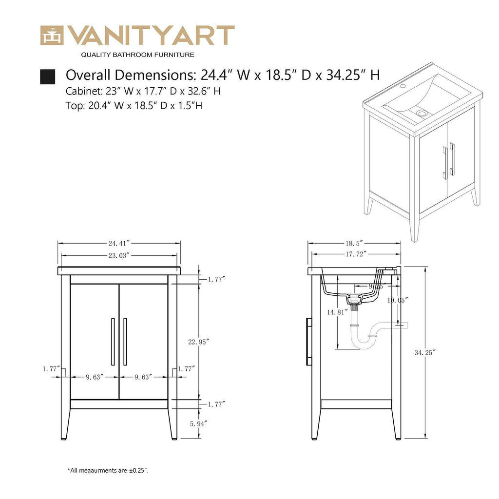 Vanity Art 20 or 24 or 30 Single Sink Bathroom Vanity Cabinet with Ceramic Top