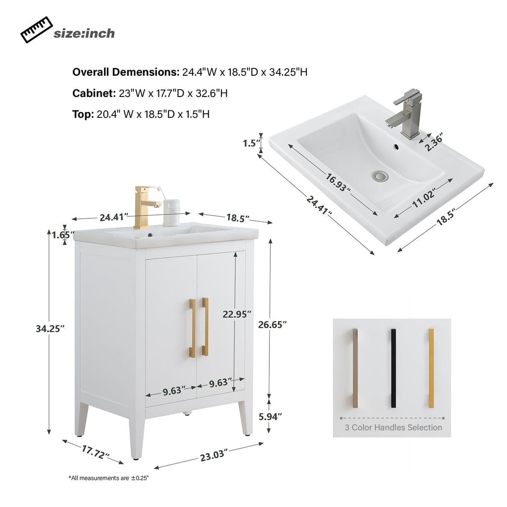 Vanity Art 20 or 24 or 30 Single Sink Bathroom Vanity Cabinet with Ceramic Top
