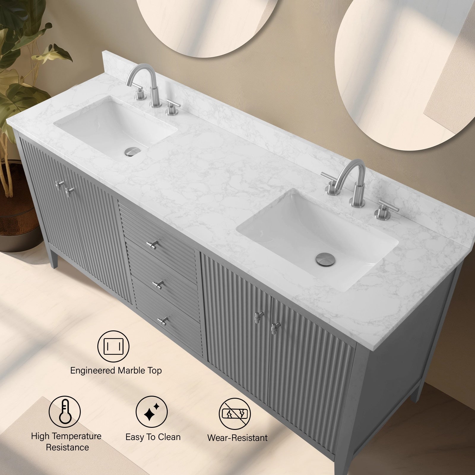 Vanity Art 72 Double Sink Bathroom Vanity Cabinet with Engineered Marble Top