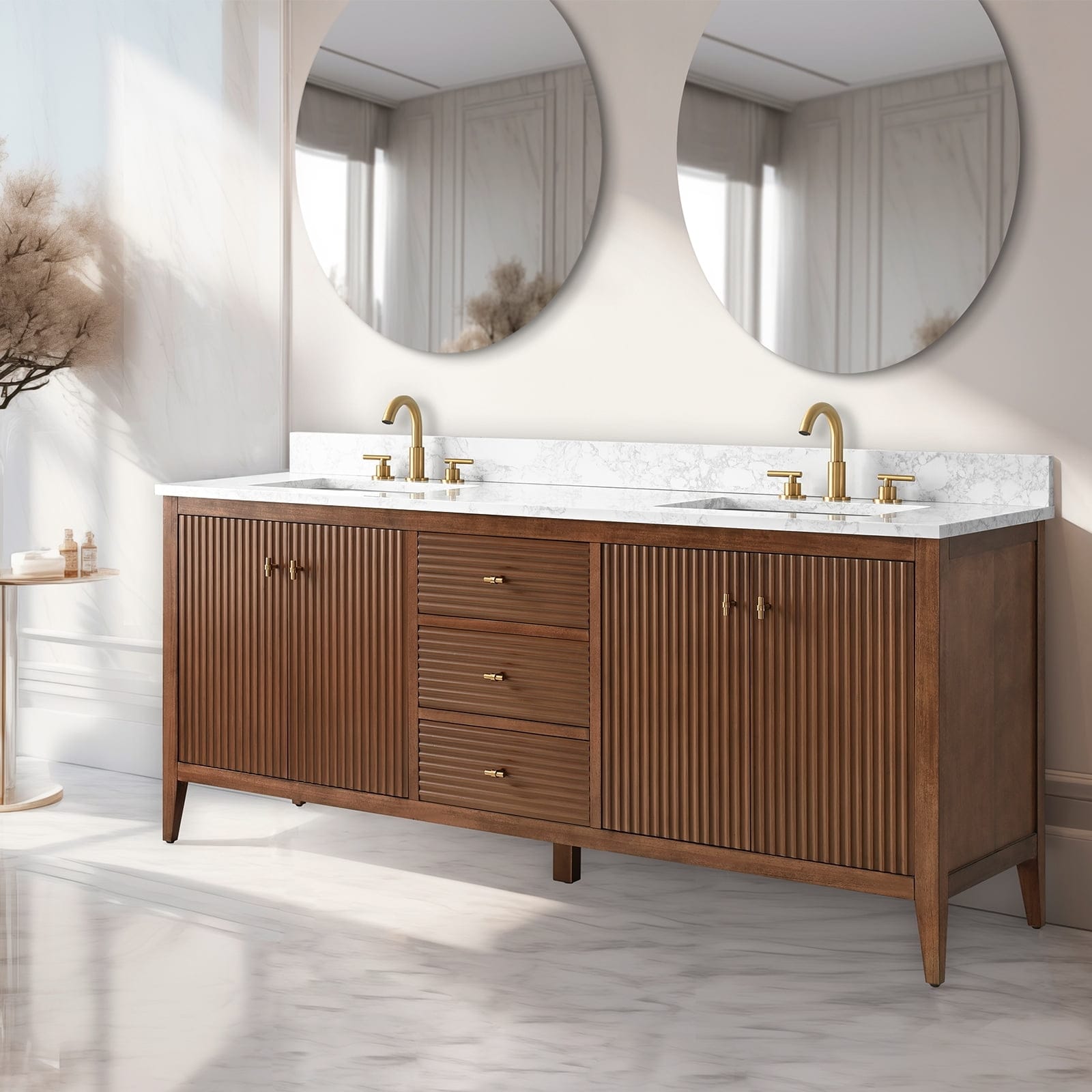 Vanity Art 72 Double Sink Bathroom Vanity Cabinet with Engineered Marble Top