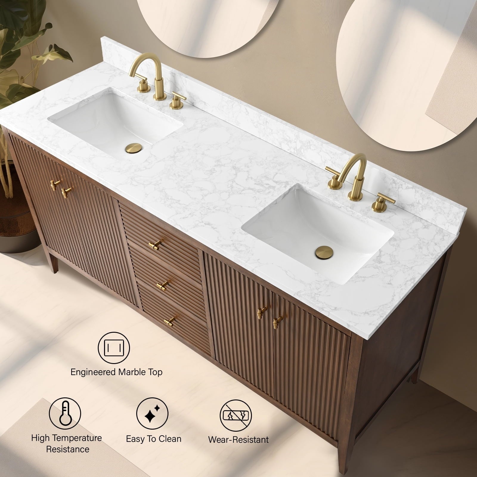 Vanity Art 72 Double Sink Bathroom Vanity Cabinet with Engineered Marble Top