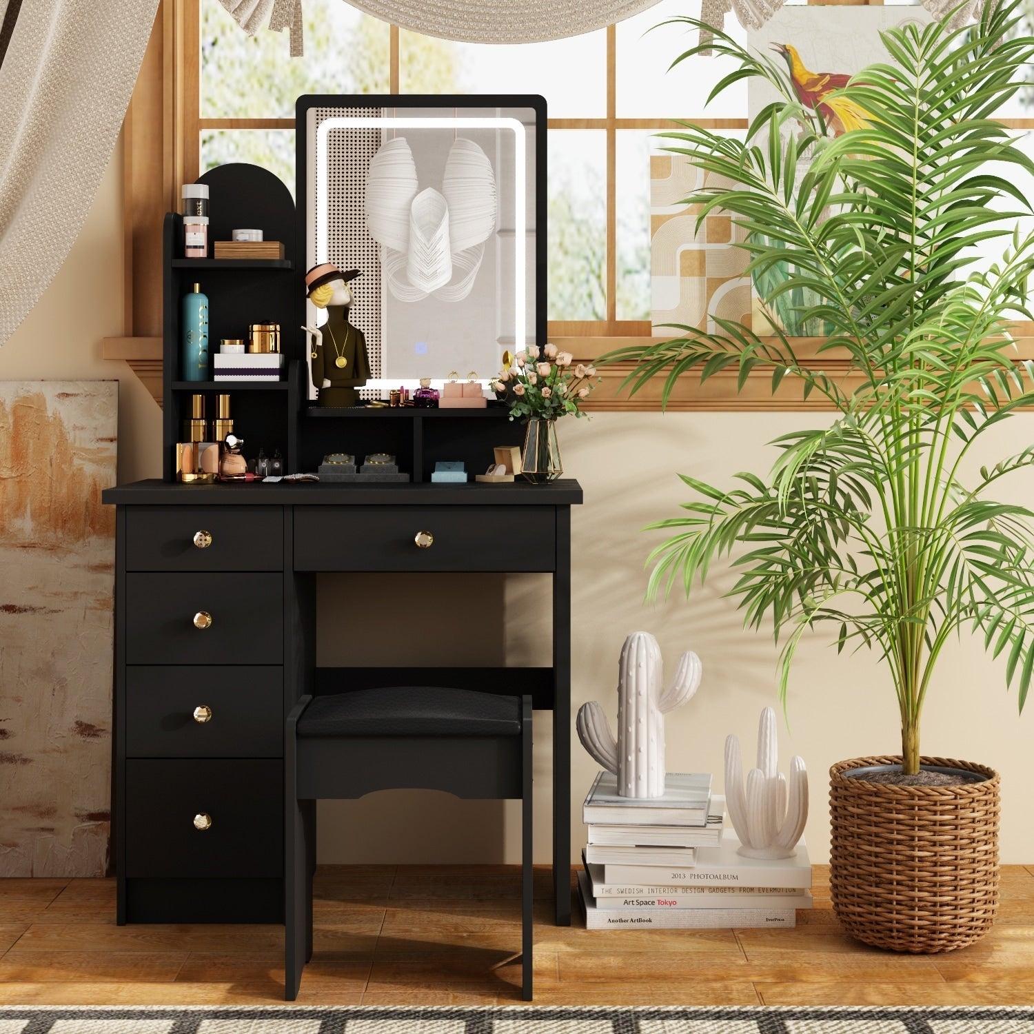 Vanity Set With Mirror and Lamp Home Makeup Dressing Table with Stool