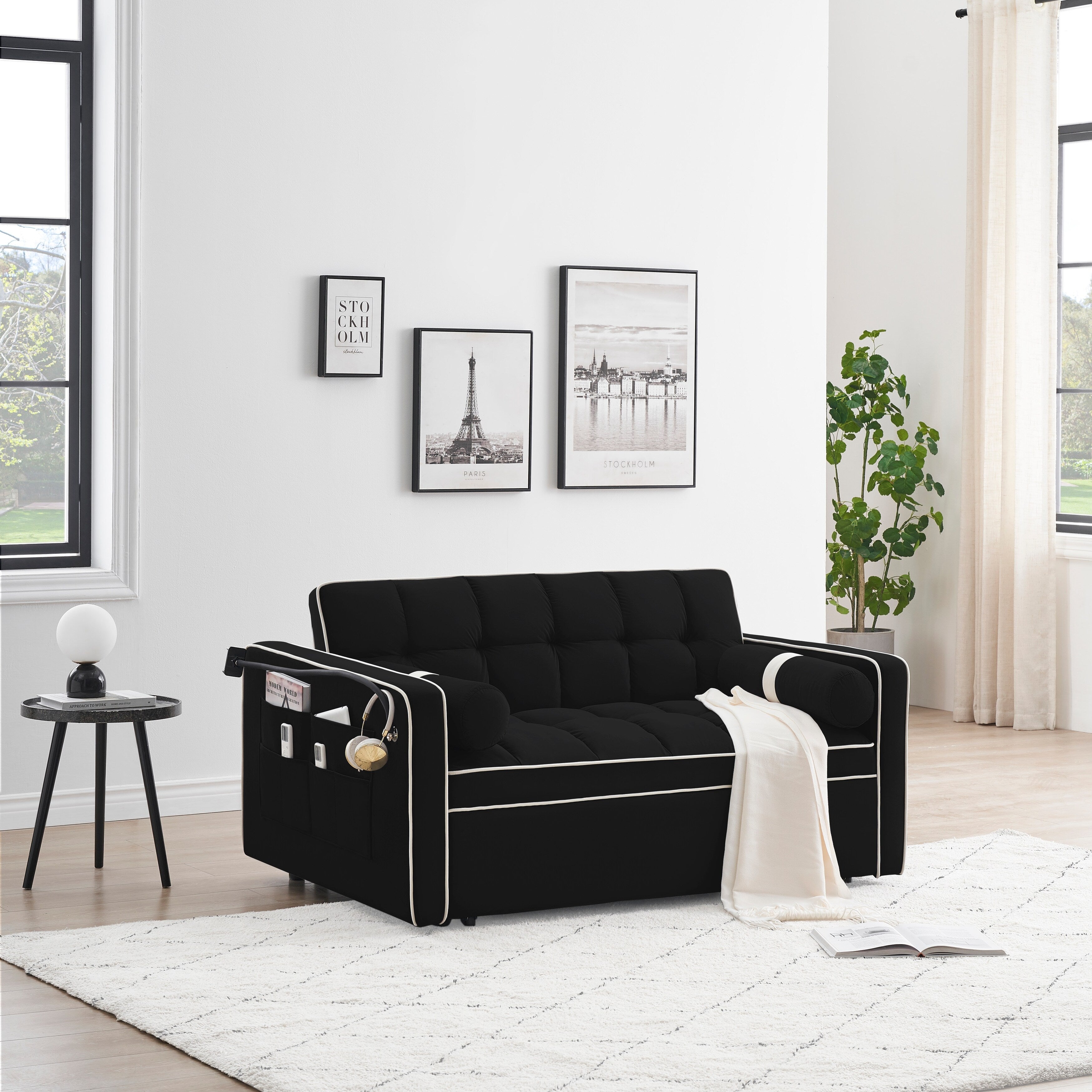 Velvet Convertible 55'' 2-Seater Sleeper Sofa with Pull-Out Bed, Adjustable Recline, Side Pockets, and Phone Holder