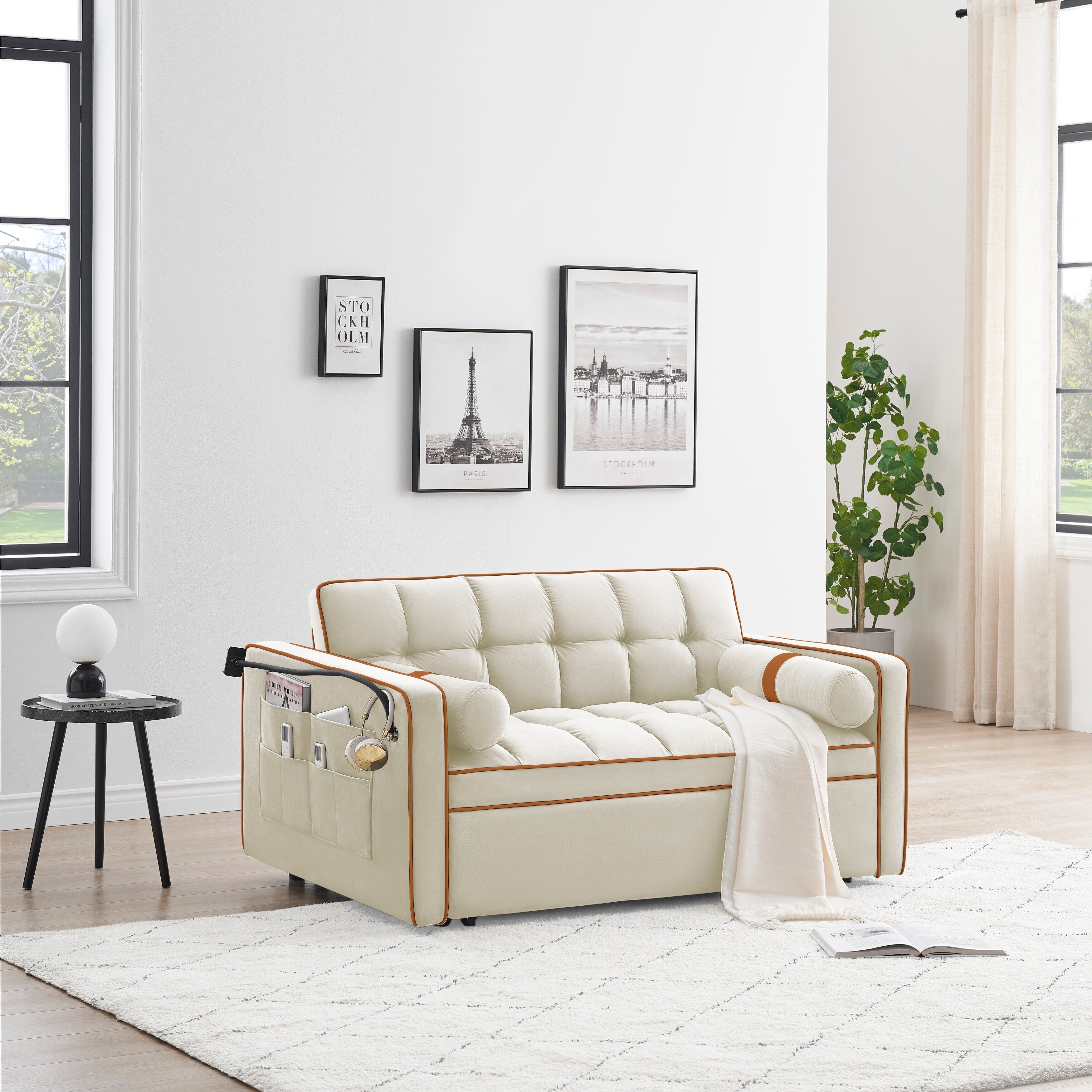 Velvet Convertible 55'' 2-Seater Sleeper Sofa with Pull-Out Bed, Adjustable Recline, Side Pockets, and Phone Holder