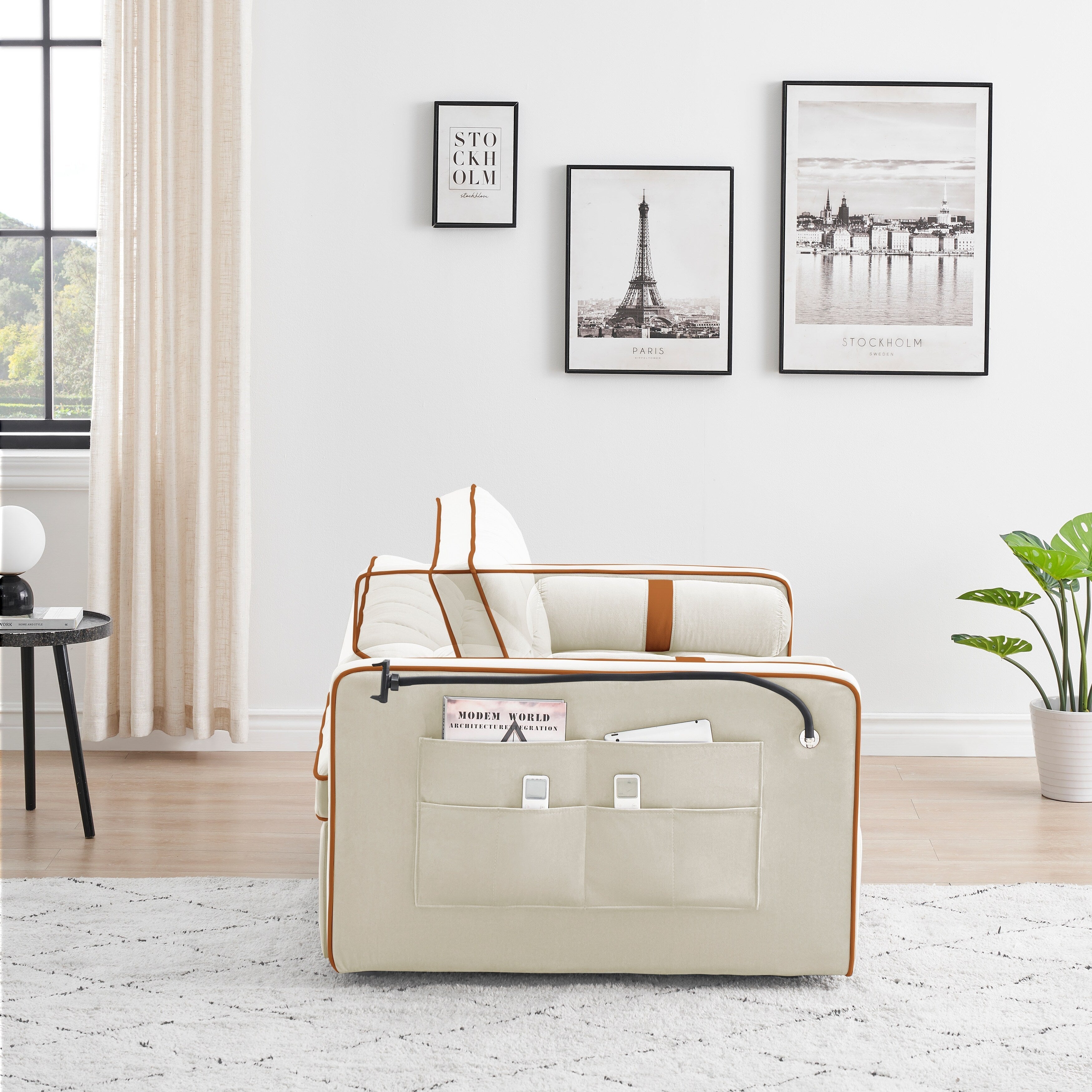 Velvet Convertible 55'' 2-Seater Sleeper Sofa with Pull-Out Bed, Adjustable Recline, Side Pockets, and Phone Holder