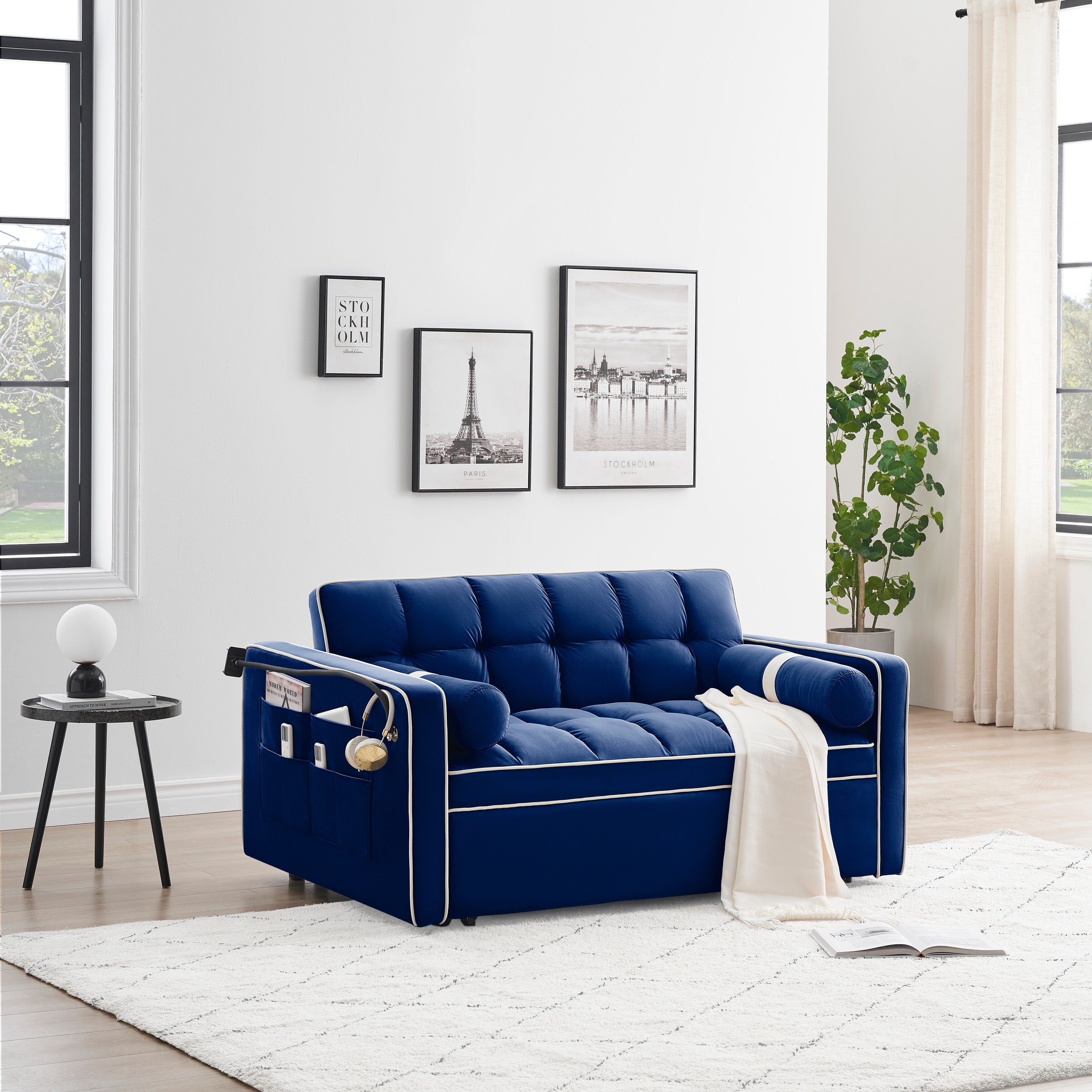 Velvet Convertible 55'' 2-Seater Sleeper Sofa with Pull-Out Bed, Adjustable Recline, Side Pockets, and Phone Holder