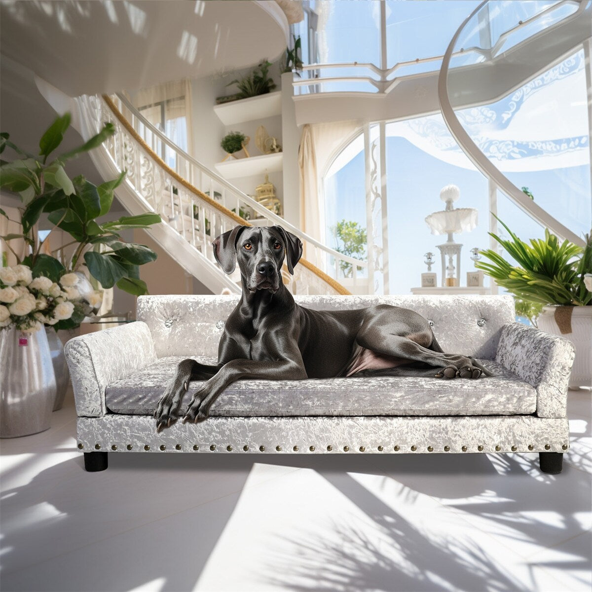Velvet Tufted Couch Pet Bed Upholstered with Removable Cushion