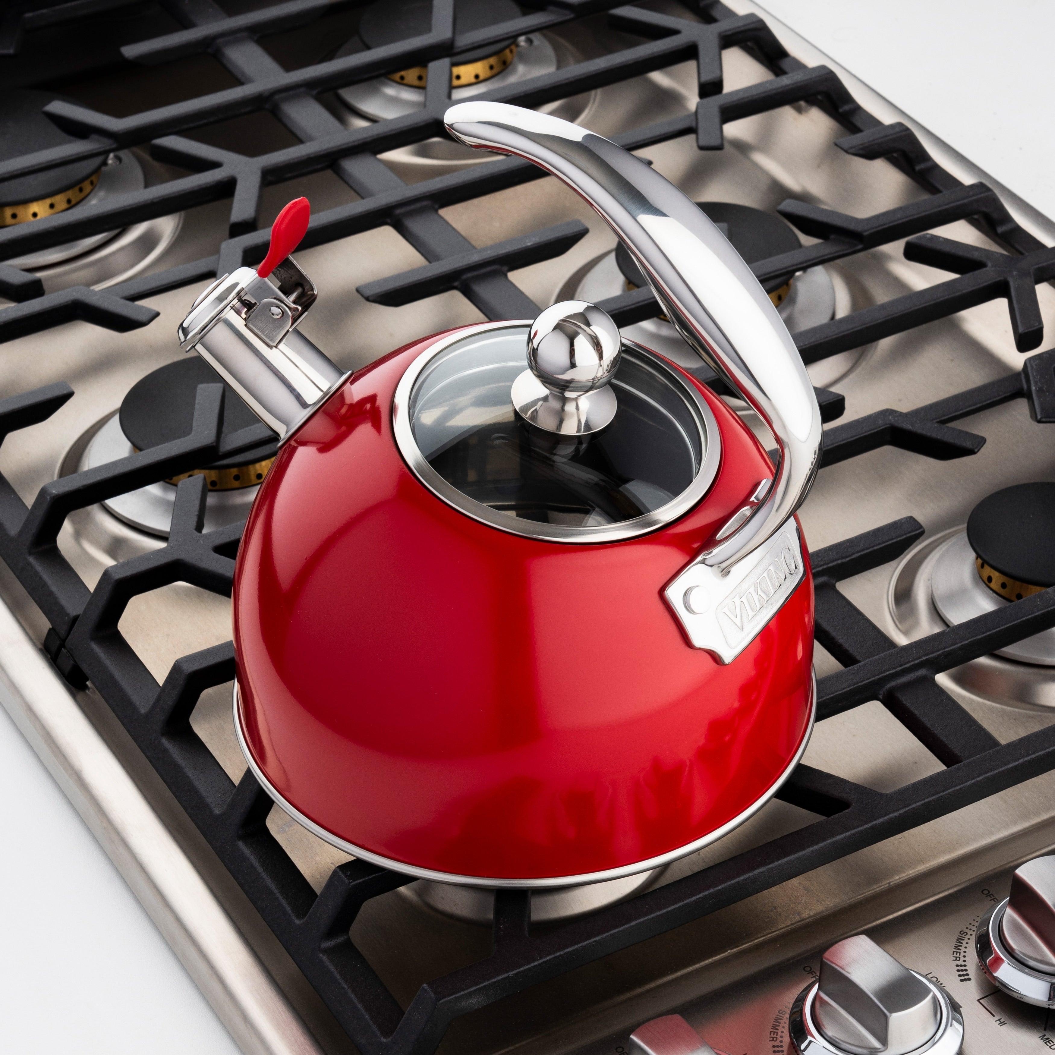 Viking 2.6-Quart Red Stainless Steel Whistling Kettle with 3-Ply Base