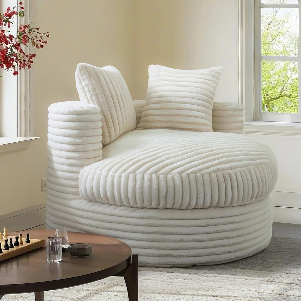 WOWMAX 47 Round Chaise Lounge Chair Indoor, Upholstered Corduroy Floor Sofa Oversized Sleeper Chair with 2 Throw Pillows