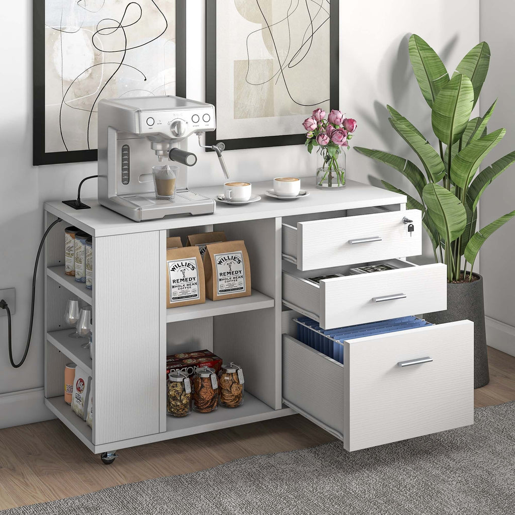 Wood File Cabinet with Charging Station Mobile Lateral Filing Cabinet Lockable Fits A4 Letter Legal Size Files