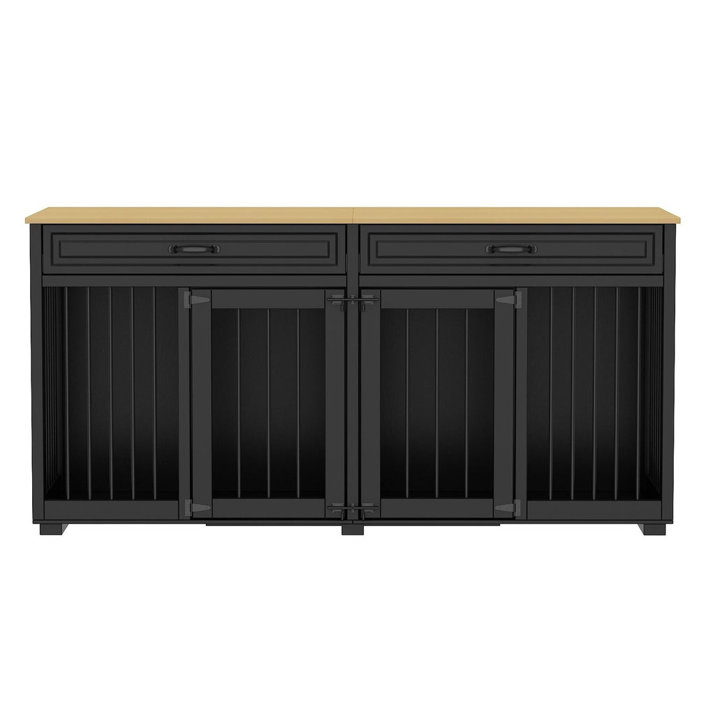 Wooden Double Dog Crate Kennel Furniture with 2 Drawers & Divider