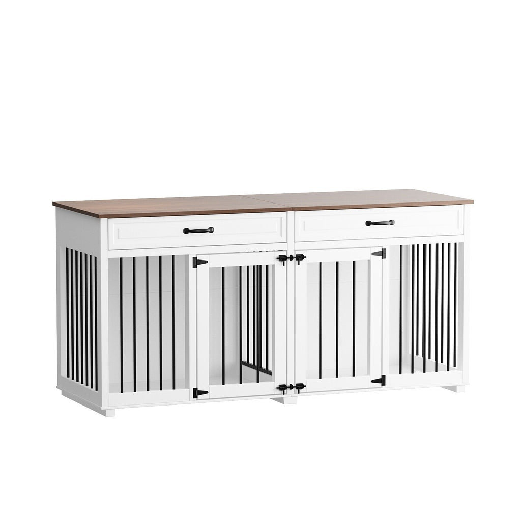 Wooden Double Dog Crate Kennel Furniture with 2 Drawers & Divider