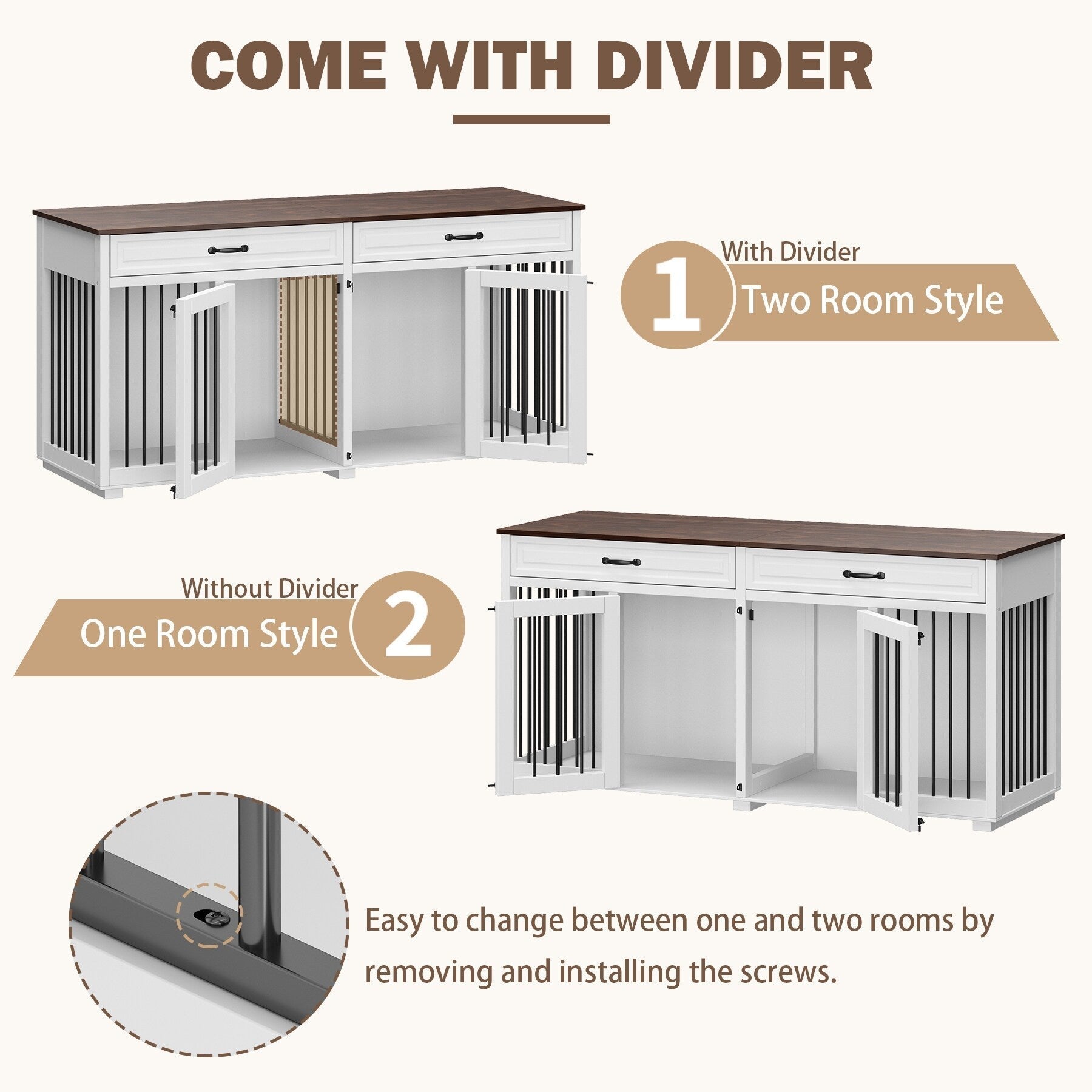 Wooden Double Dog Crate Kennel Furniture with 2 Drawers & Divider
