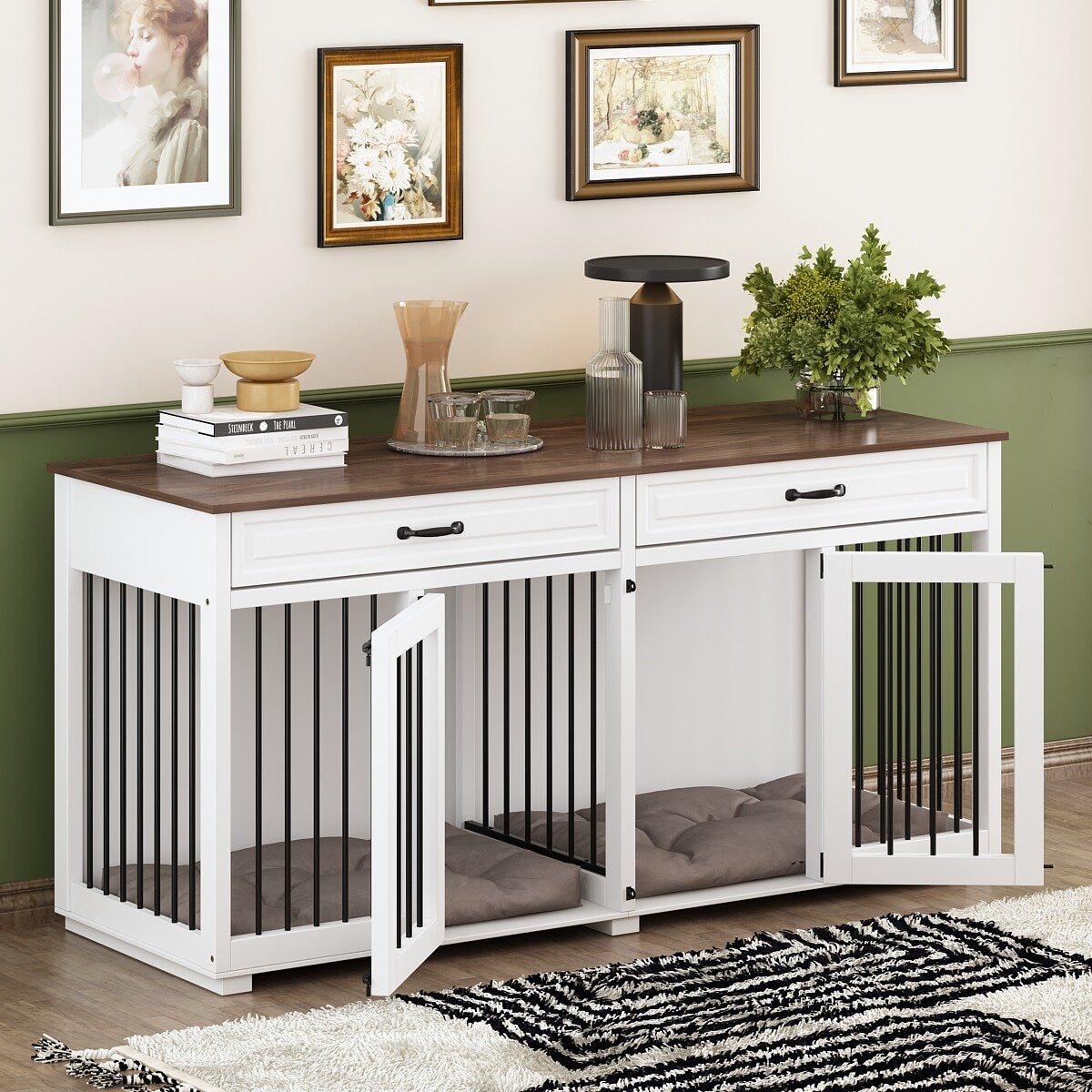 Wooden Double Dog Crate Kennel Furniture with 2 Drawers & Divider