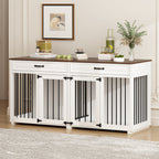 Wooden Double Dog Crate Kennel Furniture with 2 Drawers & Divider