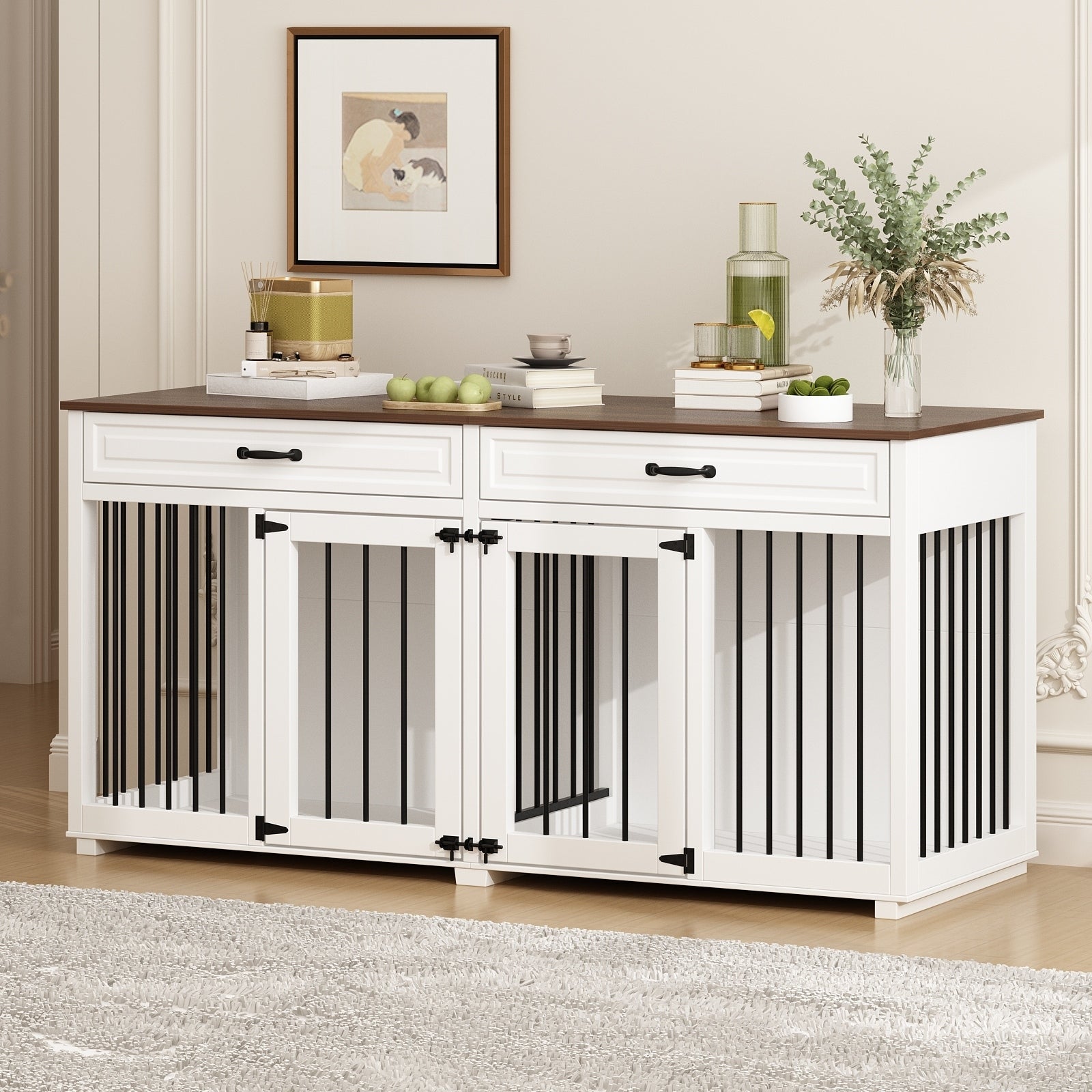 Wooden Double Dog Crate Kennel Furniture with 2 Drawers & Divider