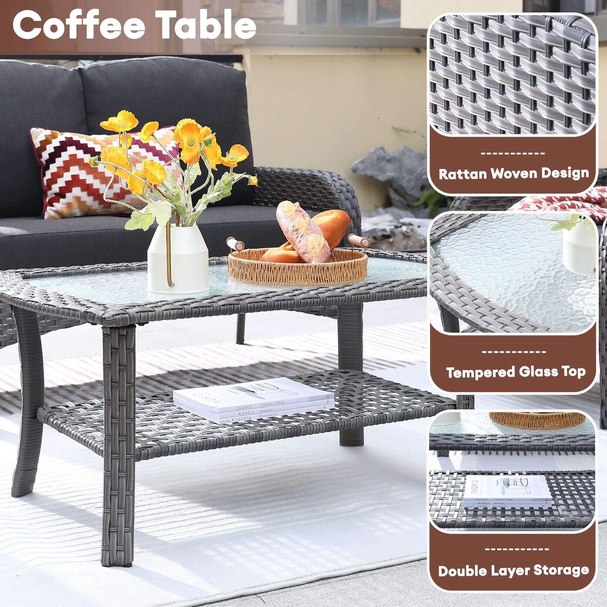 XIZZI 4-piece Outdoor Patio Furniture Conversation Set with Table